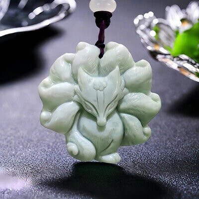 Buddha Stones Natural Green Jade Nine-Tailed Fox Engraved Prosperity Necklace Pendant