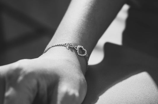 a black and white photo of a person's arm with a bracelet on it