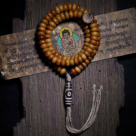 Pulsera tibetana de 108 cuentas Mala de hueso de yak con tres ojos de Dzi y piedras de Buda para alejar los malos espíritus.
