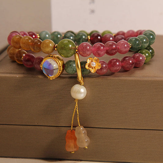 Pulsera con dije de calabaza de doble vuelta con turmalina multicolor y piedras de Buda