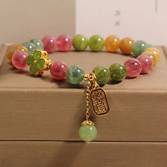 Pulsera positiva de trébol de cuatro hojas colorido con turmalina y jade de Buda