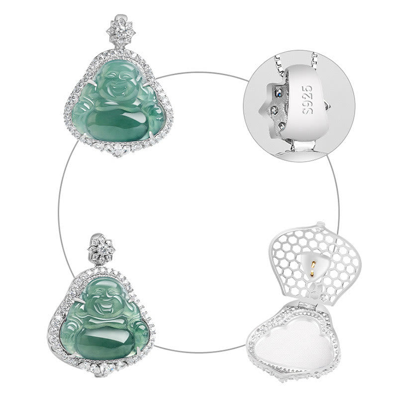 Collar con colgante de Buda sonriente de plata de ley 925 con piedras de Buda y jade natural para la suerte y la abundancia.