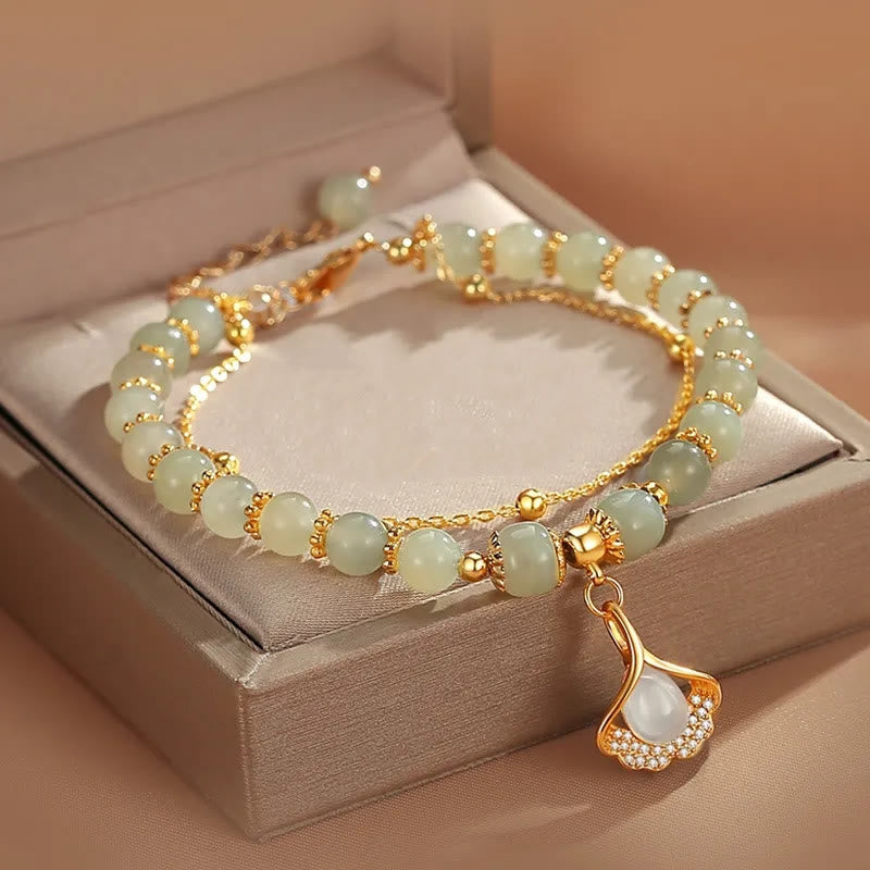 Pulsera de cuentas con piedras de Buda, hojas de jade, ginkgo, tulipán, cacahuete y carácter Fu, con la suerte
