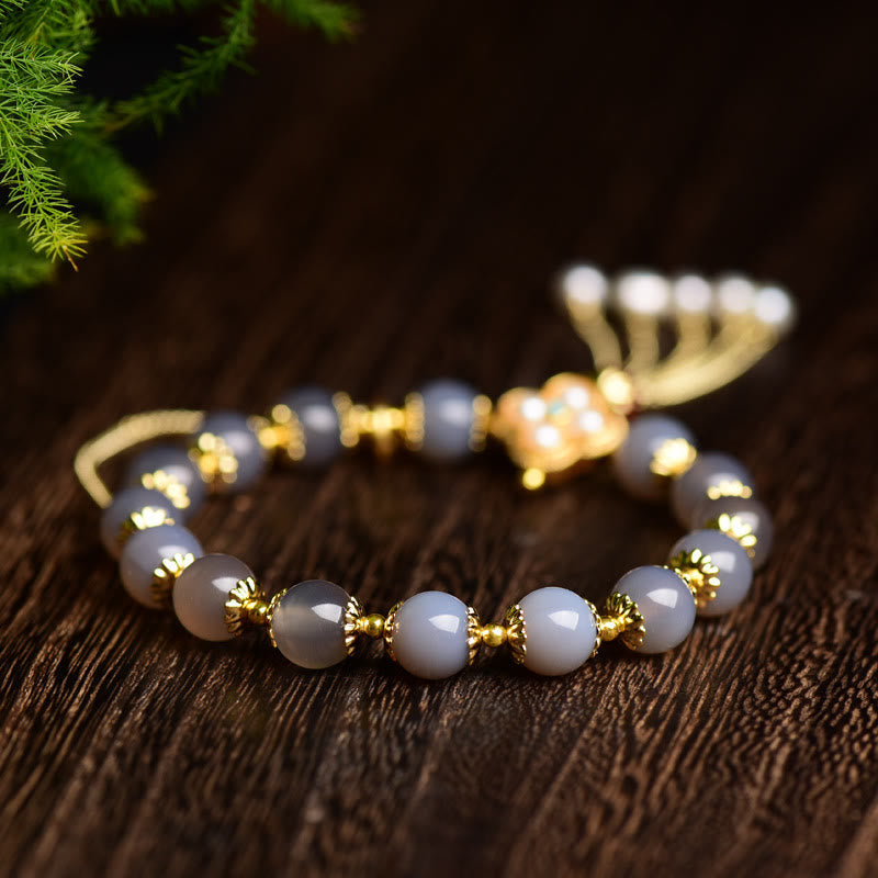 Pulsera de equilibrio con borlas de perla y ágata gris natural de Buda