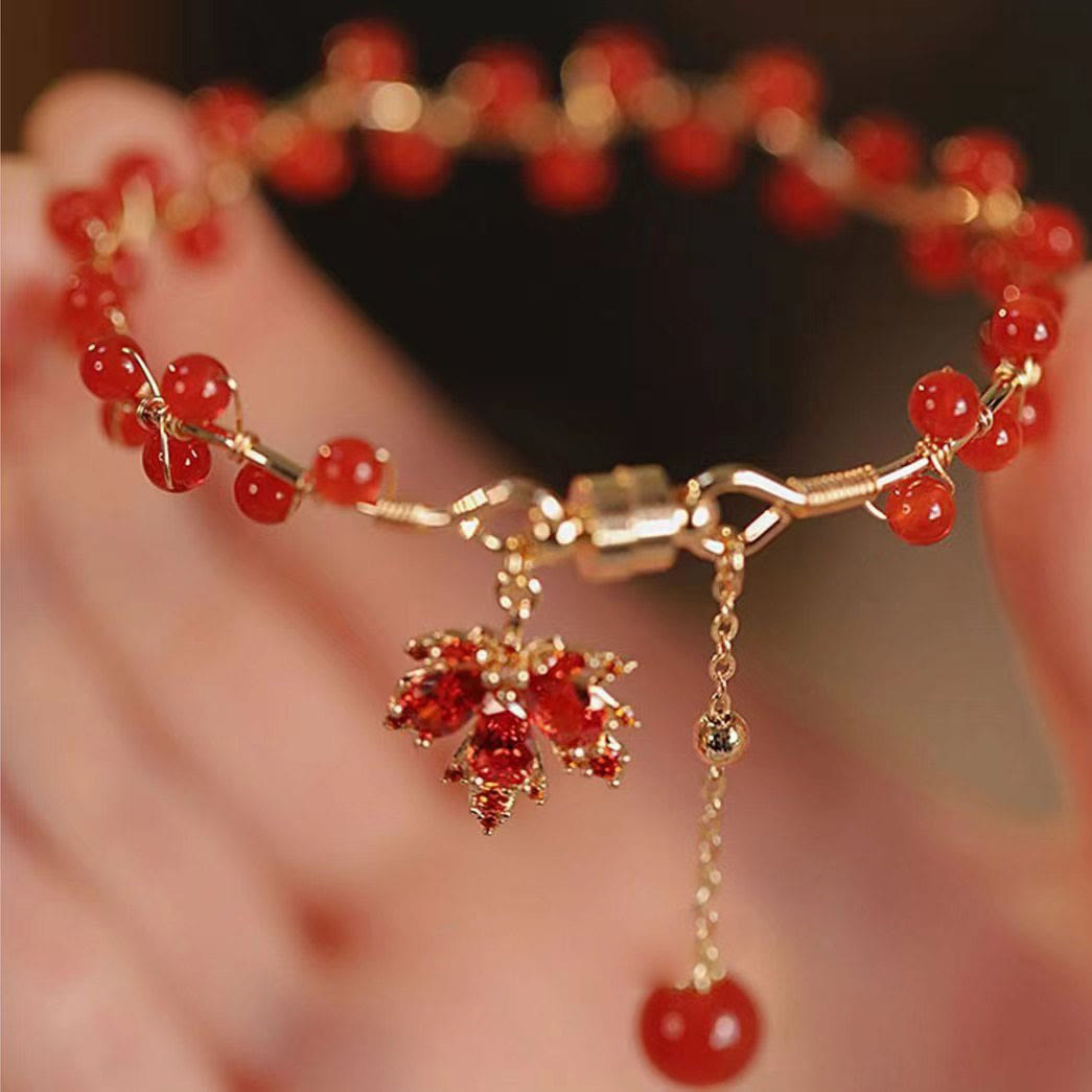 Buddha Stones Rotes Ahornblatt Glücksbringer Armband