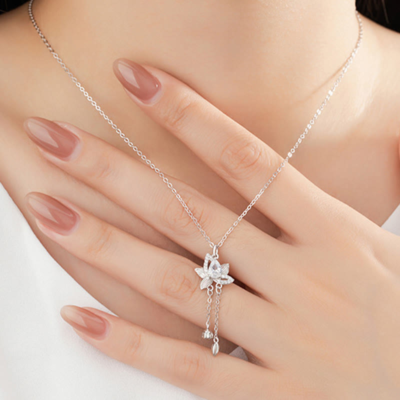 Collar con colgante de iluminación de circón y loto en plata de ley 925 con piedras de Buda