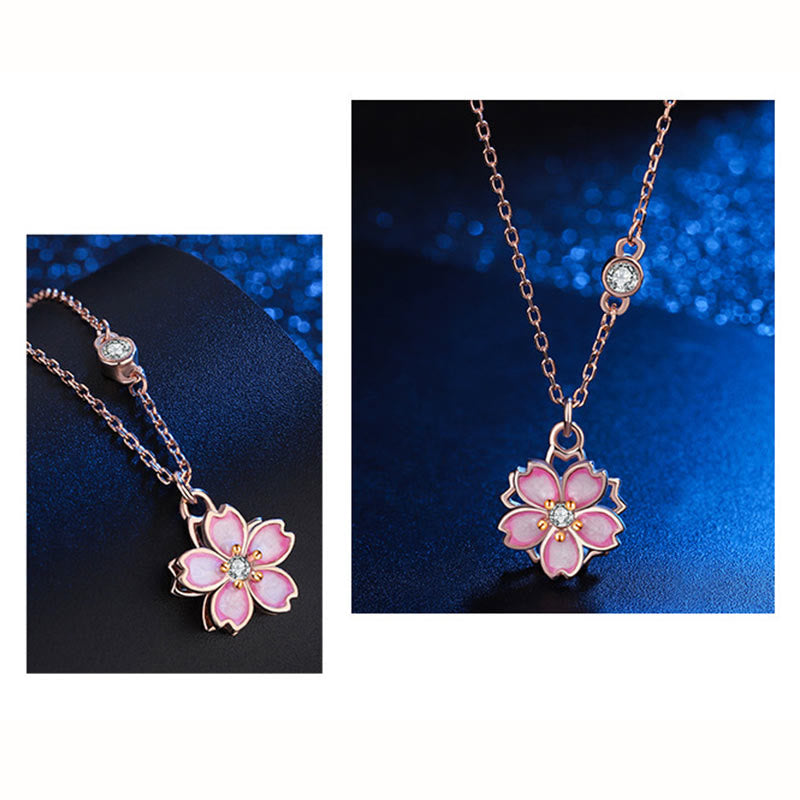 Collar con colgante de flor de cerezo en plata de ley 925 con piedras de Buda y protección giratoria