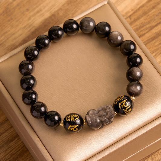 Pulsera de protección Pixiu Om Mani Padme Hum con piedras de Buda, plata natural, brillo, obsidiana negra