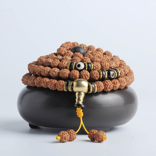 Pulsera de la suerte y la riqueza con 108 cuentas de Mala, Rudraksha, semillas de Bodhi y cuentas Dzi