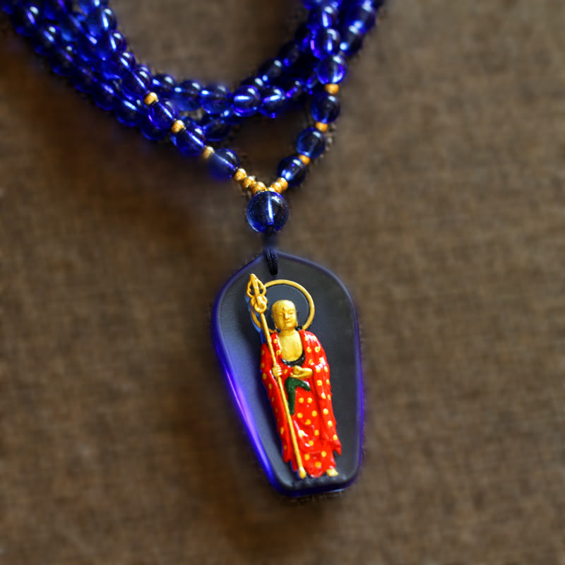 Collar con colgante de amuleto de compasión de cristal de Buda Liuli de piedras de Buda Ksitigarbha