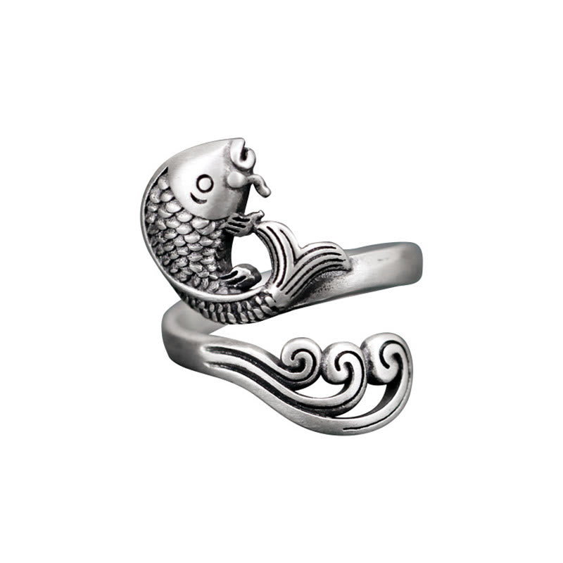 Anillo de plata de ley 925 con piedras de Buda y pez koi, con ondas de agua, para la suerte y la riqueza.