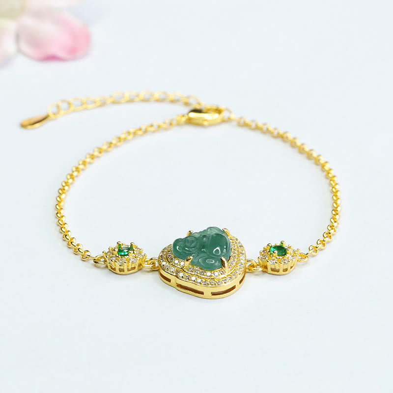 Pulsera de cadena de la suerte con circón y jade verde de Buda sonriente con piedras de Buda
