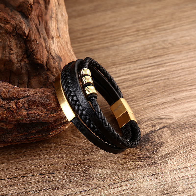 Pulsera trenzada multicapa de cuero y acero de titanio con hebilla magnética y piedras de Buda