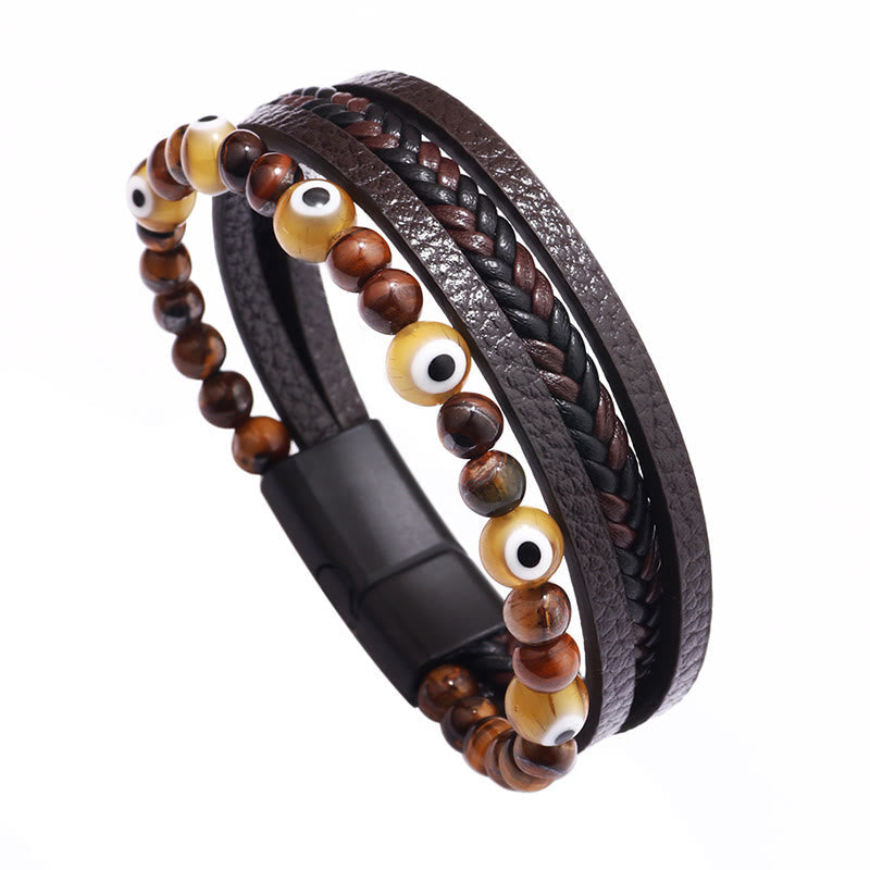 Pulsera trenzada multicapa con cuentas y protección de ojo de tigre y piedras de Buda