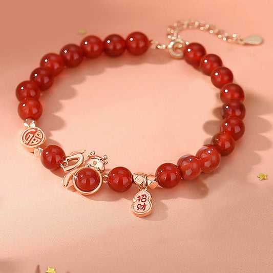 Pulsera de calabaza de la suerte con piedras de Buda en plata de ley 925 y ágata roja natural del año del dragón, jade hetiano y personaje Fu