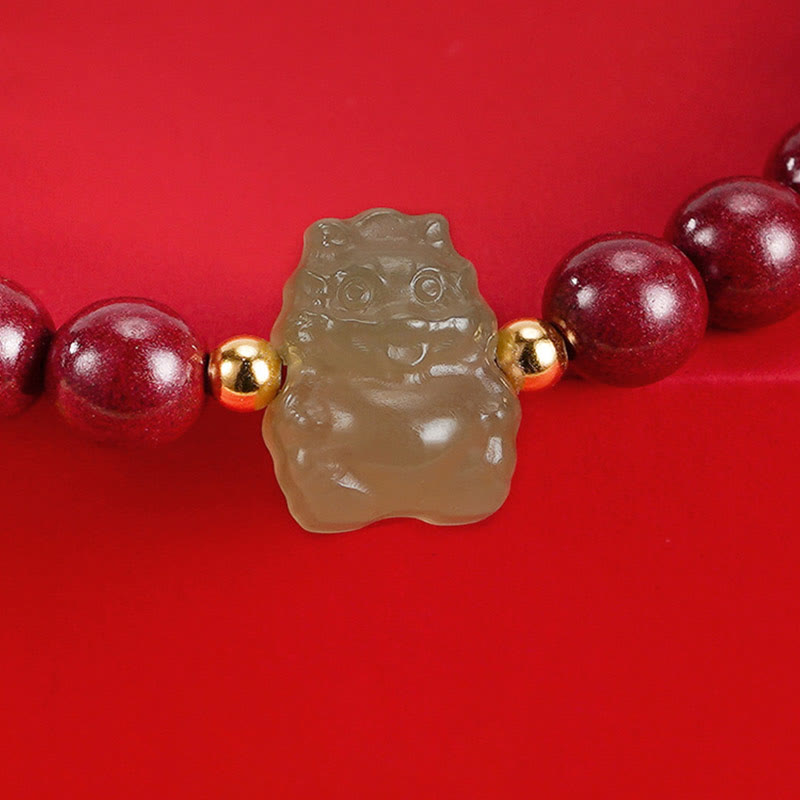 Buddha Stones 925 Sterling Silver Year of the Dragon Natural Cinnabar Hetian Jade Dragon Fu Character Ruyi As One Wishes Charm Blessing Bracelet