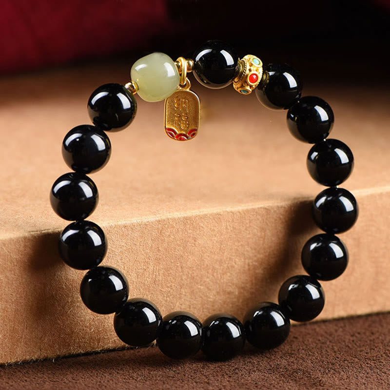 Pulsera de amuleto de la suerte con cuentas de jade hetiano de ónix negro y piedras de Buda