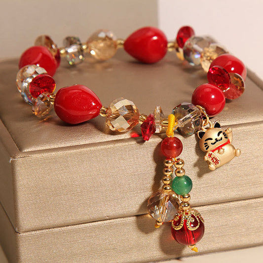 Pulsera de la fortuna con el personaje Fu de Buda, piedra roja, gato de la suerte, conejo