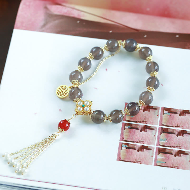 Pulsera de equilibrio con borlas de perla y ágata gris natural de Buda