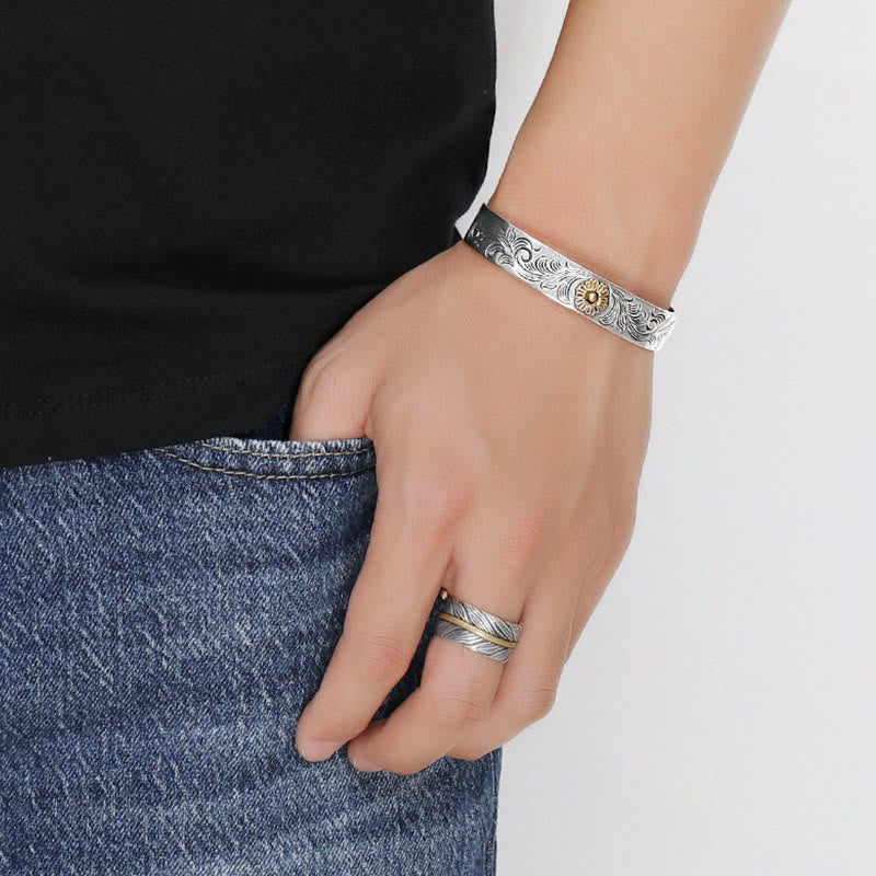 Buddha Stones Tang Dynastie Blumendesign Rose Blume Feder geschnitzt Kupfer Glück Armband Armreif
