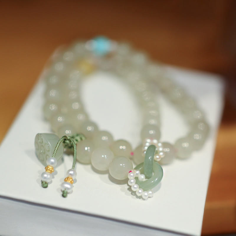 Pulsera de doble vuelta con piedras de Buda, jade hetiano, doble hebilla de paz y suerte de loto en plata de ley 925