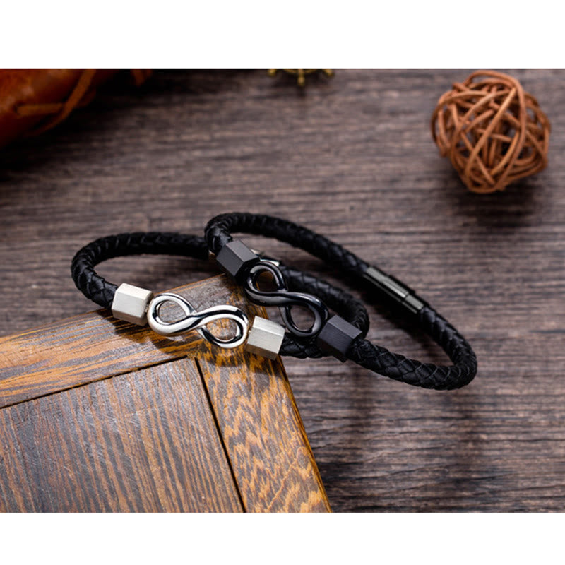 Pulsera de equilibrio con nudo infinito de piedras de Buda, acero de titanio y cuero trenzado.