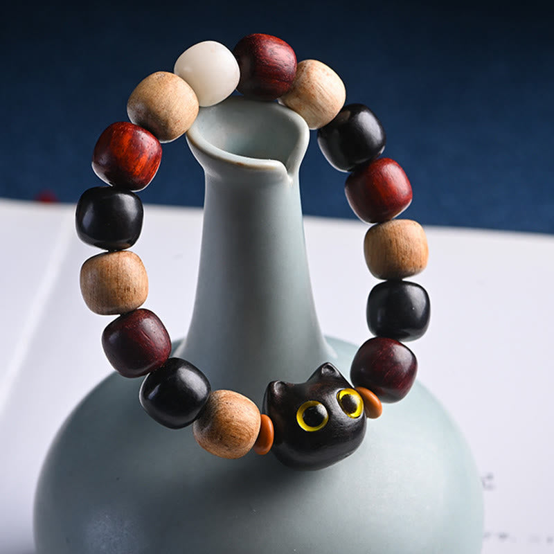 Pulsera de protección con piedras de Buda, hoja pequeña, sándalo rojo, madera de ébano y gato grabado