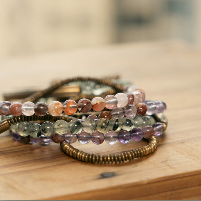 Pulsera de cobre con piedras de Buda, cuarzo hematoide rojo fantasma morado y cuarzo rutilado verde, amor y perdón