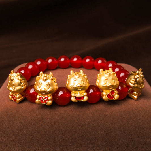 Pulsera de protección con símbolo Fu de ágata roja natural y moneda de cobre del Año del Dragón con piedras de Buda