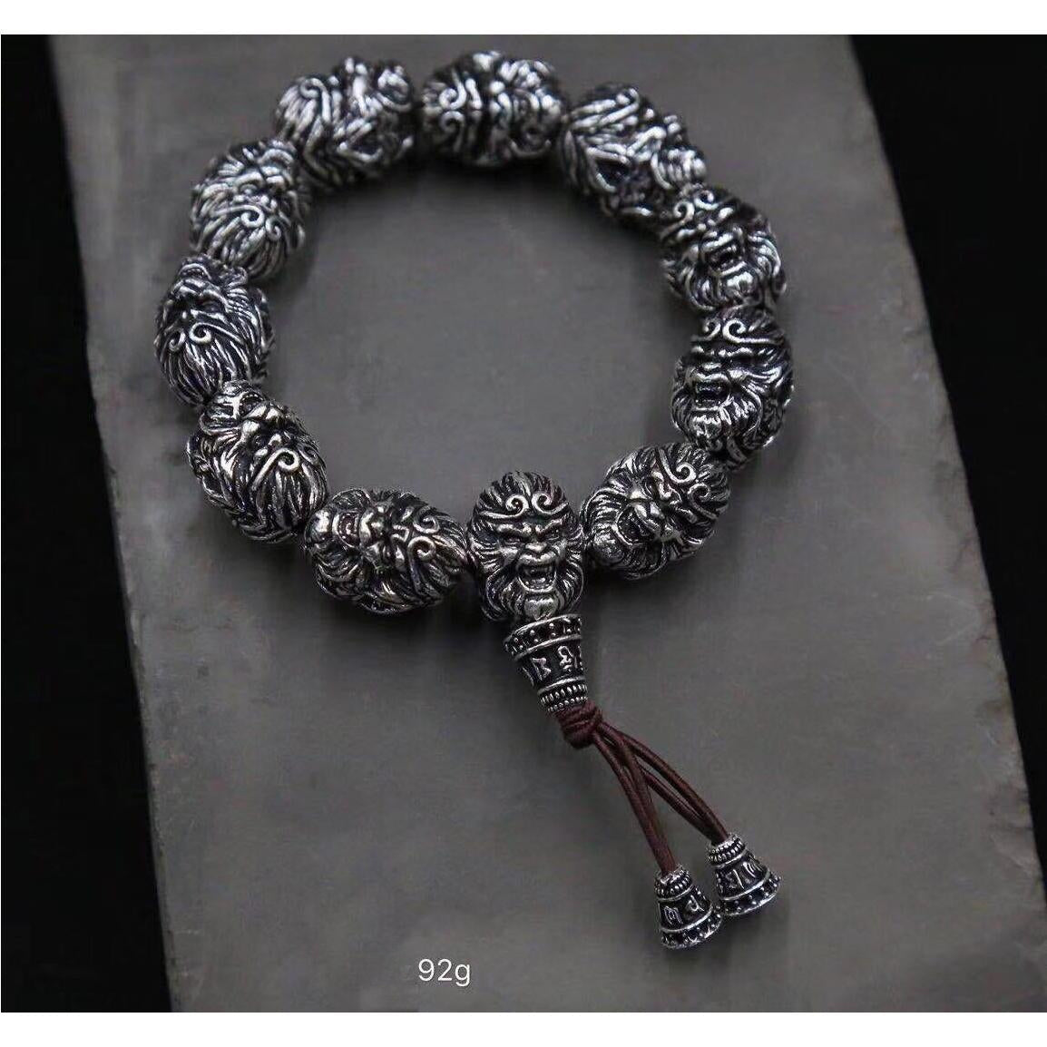 Vintage Men's Silver Bracelet Sun Wukong Fighting Buddha Beaded Bracelet - Touch Bling
