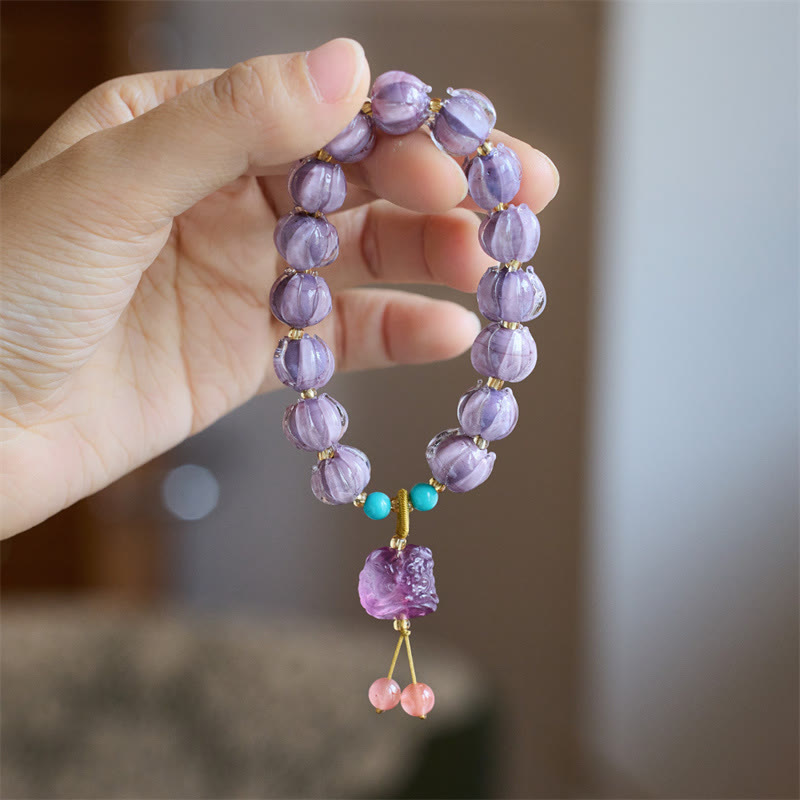 Pulsera de la Iluminación con Cuentas de Vidrio Liuli y Diseño de Loto, Fluorita, Marfil, Fruta, León Danzante