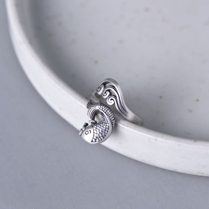 Anillo de plata de ley 925 con piedras de Buda y pez koi, con ondas de agua, para la suerte y la riqueza.