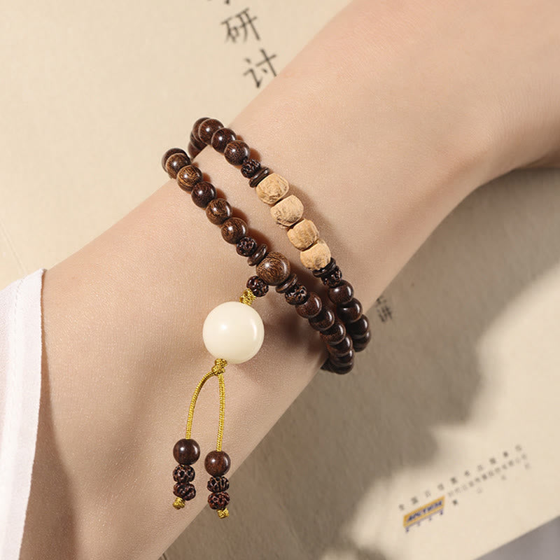 Pulsera de doble vuelta con semillas de Bodhi y sándalo rojo de hoja pequeña con piedras de Buda y sándalo