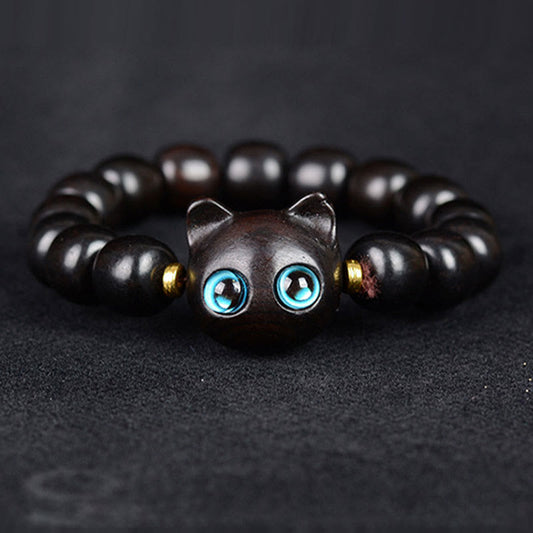 Pulsera de equilibrio con piedras de Buda, madera de ébano, sándalo verde y sándalo rojo, con un gato encantador.