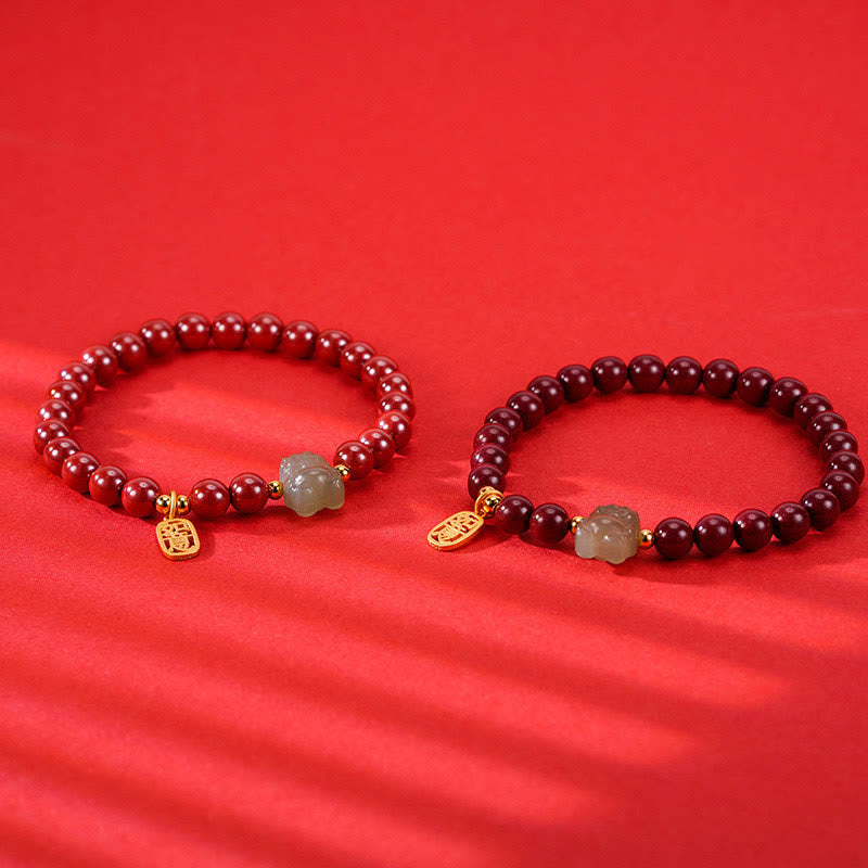 Buddha Stones 925 Sterling Silver Year of the Dragon Natural Cinnabar Hetian Jade Dragon Fu Character Ruyi As One Wishes Charm Blessing Bracelet