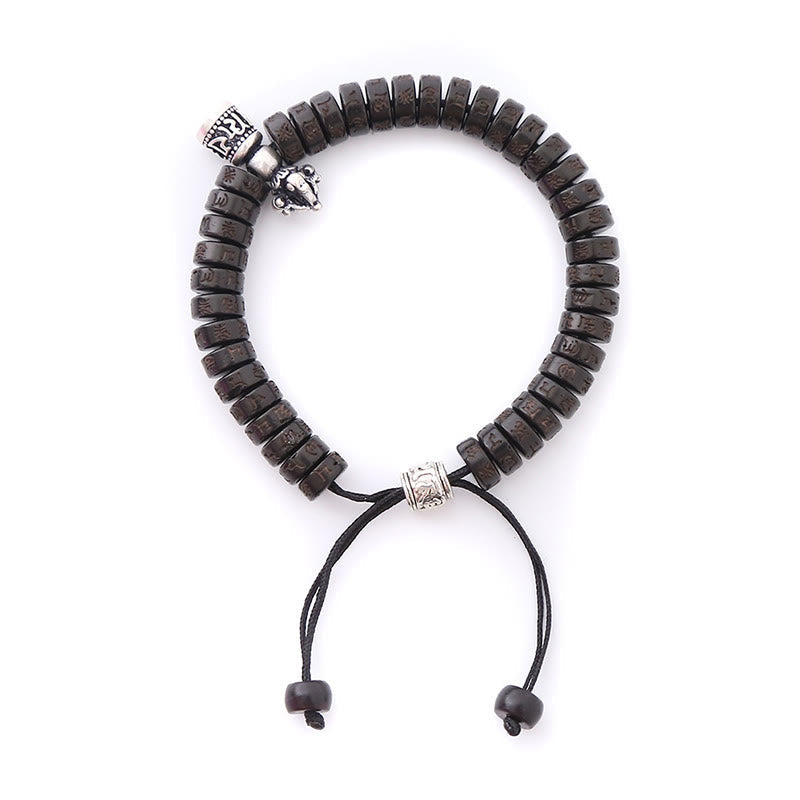 Pulsera de hilo de la felicidad con campana Vajra Dorje Om Mani Padme Hum tallada en cáscara de coco del Tíbet con piedras de Buda