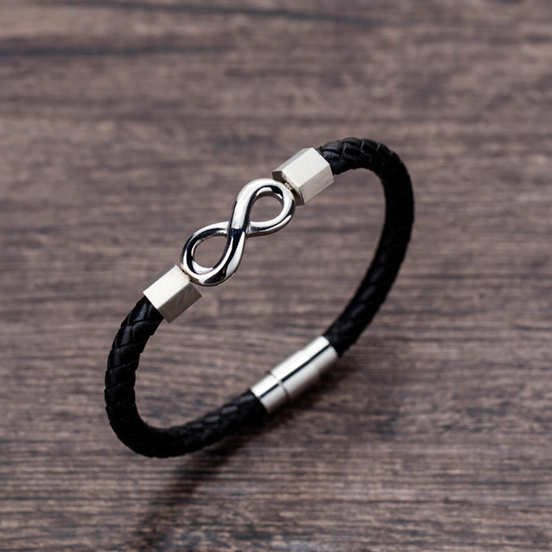 Pulsera de equilibrio con nudo infinito de piedras de Buda, acero de titanio y cuero trenzado.