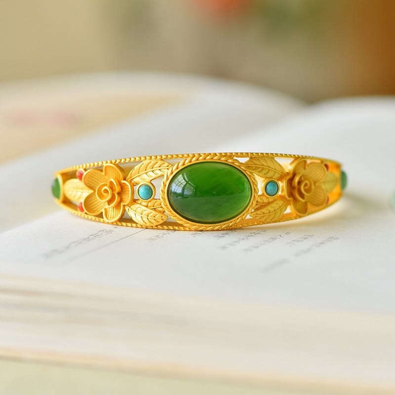 Buddha Stones Cyan Jade Weiß Jade Blume Blatt Harmonie Glück Armband Armreif