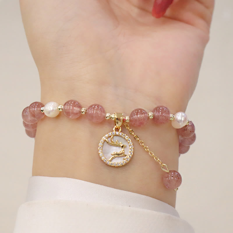 Pulsera curativa con dije de Buda, cuarzo fresa, perla, alce, cara sonriente, cola de pez, personaje Fu