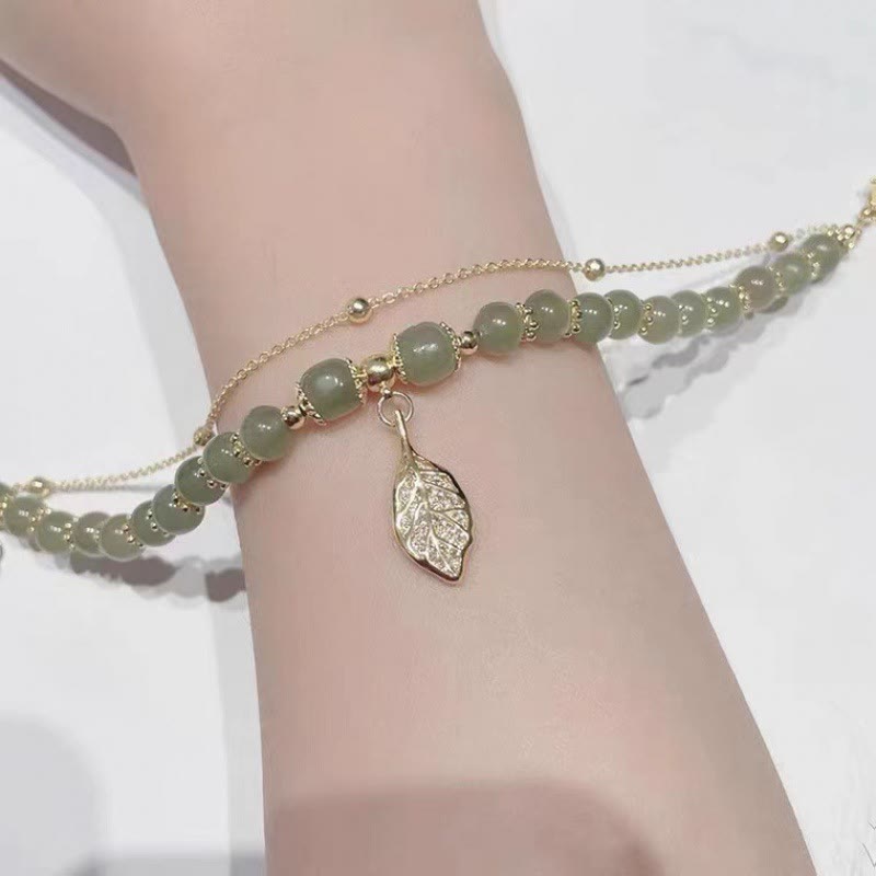 Pulsera de cuentas con piedras de Buda, hojas de jade, ginkgo, tulipán, cacahuete y carácter Fu, con la suerte