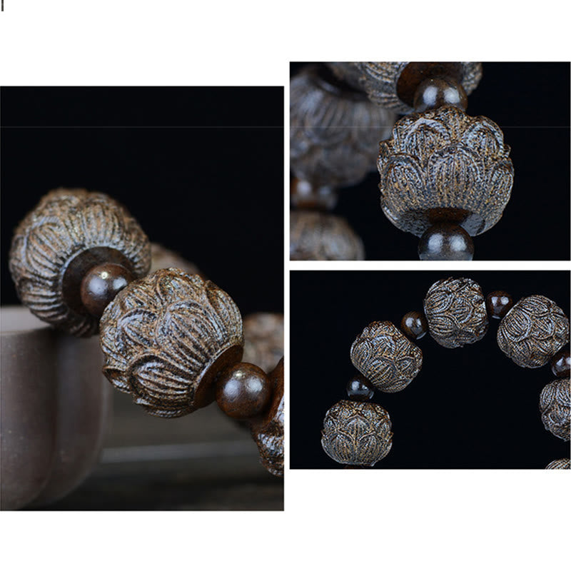 Pulsera de equilibrio con grabado de dragón de loto y dieciocho arhats de madera de ébano y piedras de Buda