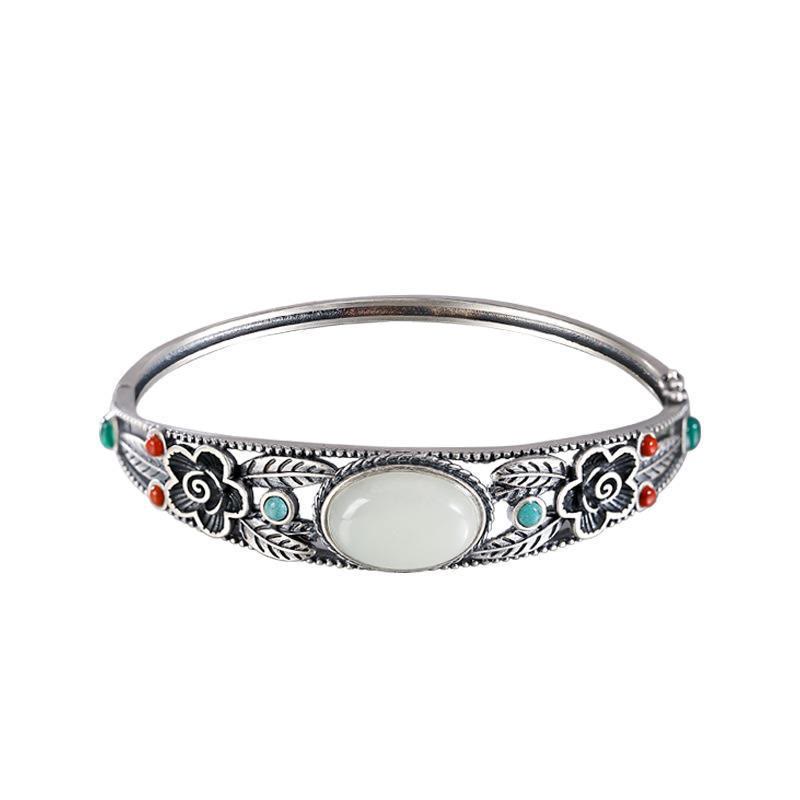 Buddha Stones Cyan Jade Weiß Jade Blume Blatt Harmonie Glück Armband Armreif