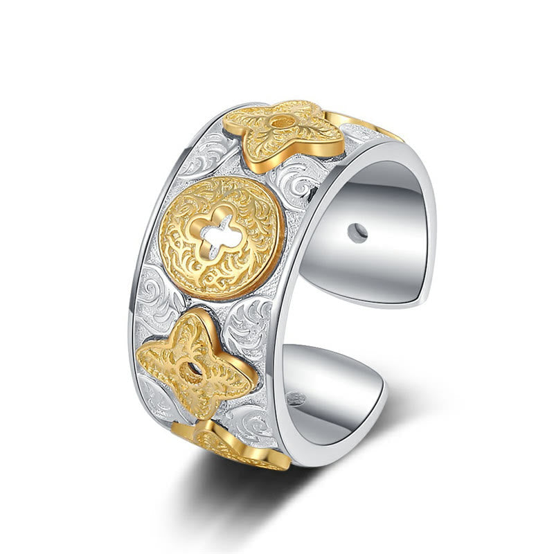 Buddha Stones 925 Sterling Silber Vintage Tang-Dynastie Blumendesign Glücksring