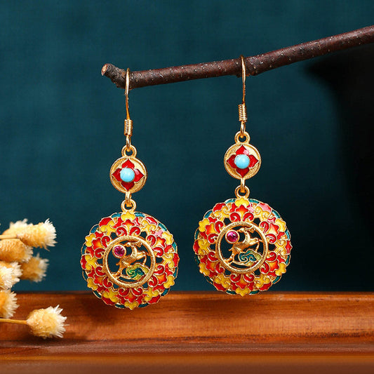 Pendientes colgantes de cobre con forma de alce de color Dunhuang bañados en oro de 24 quilates con piedras de Buda