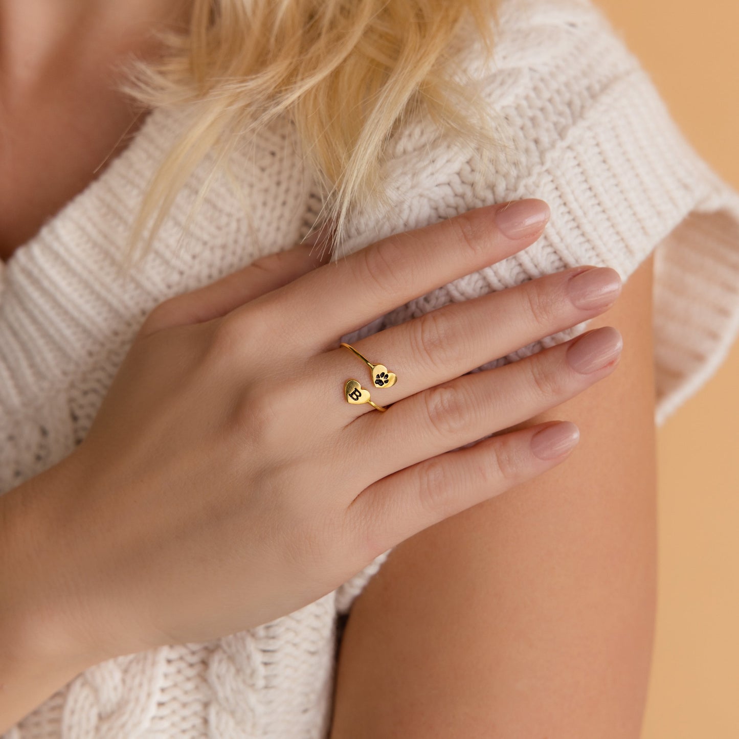 Anillo de corazón con estampado de pata Duo
