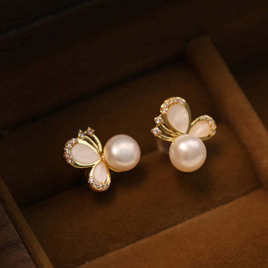 Pendientes de plata de ley 925 con piedras de Buda, chapados en oro de 18 quilates, con perlas naturales de cobre, mariposas y circonitas.