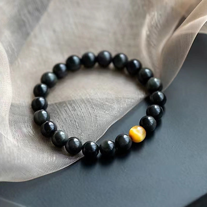 Pulsera de obsidiana arcoíris natural con ojo de tigre y piedras de Buda
