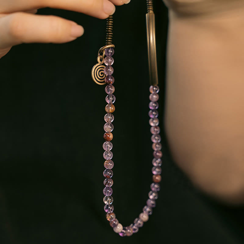 Pulsera de cobre con piedras de Buda, cuarzo hematoide rojo fantasma morado y cuarzo rutilado verde, amor y perdón
