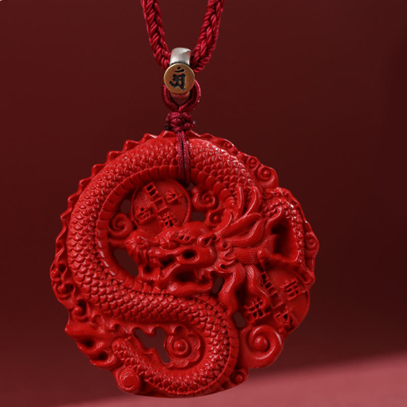 Collar con colgante de moneda de cobre y cinabrio natural de plata de ley 925 con piedras de Buda del Año del Dragón.