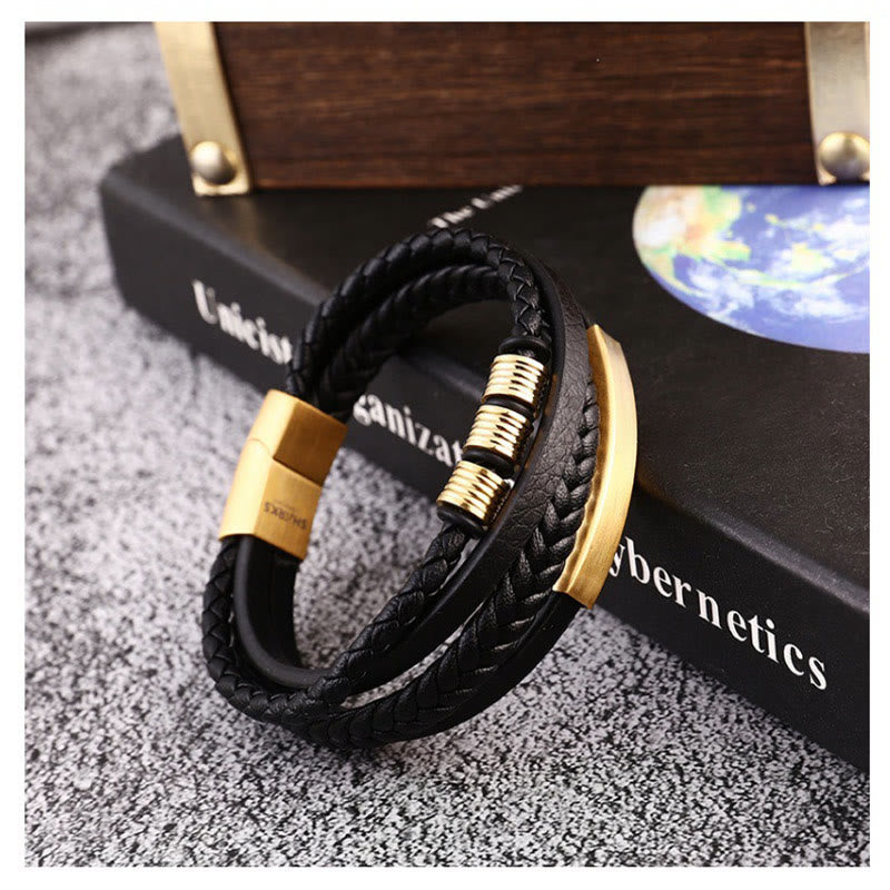 Pulsera trenzada multicapa de cuero y acero de titanio con hebilla magnética y piedras de Buda